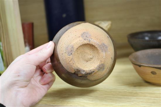 Chinese Sung/Yuan brown glazed bowls and an inscribed Jian hares fur teabowl and a Han dynasty pottery dog (4)